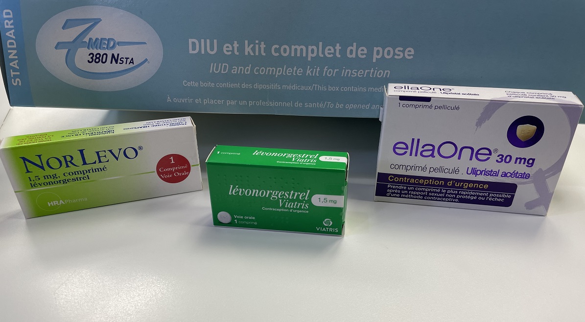 Contraception d'urgence en pharmacie : pilule du lendemain et stérilet.