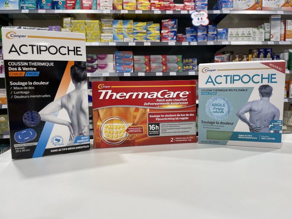 Poche et ceinture chauffantes pour soulager le lumbago, à la pharmacie de Biot.